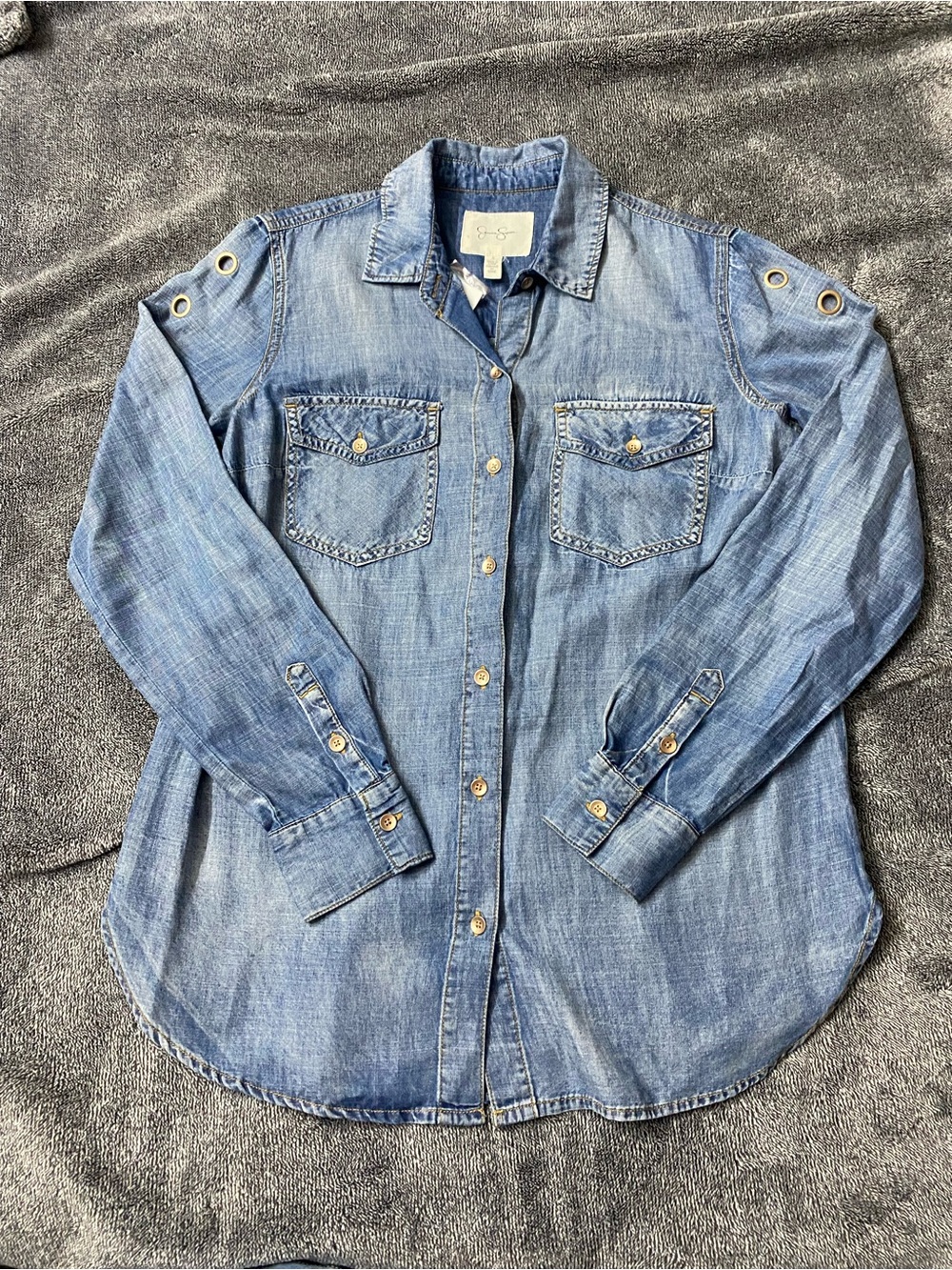 NWT Jessica Simpson Bella Petunia Grommet Detail Denim Button-Down Shirt Size S